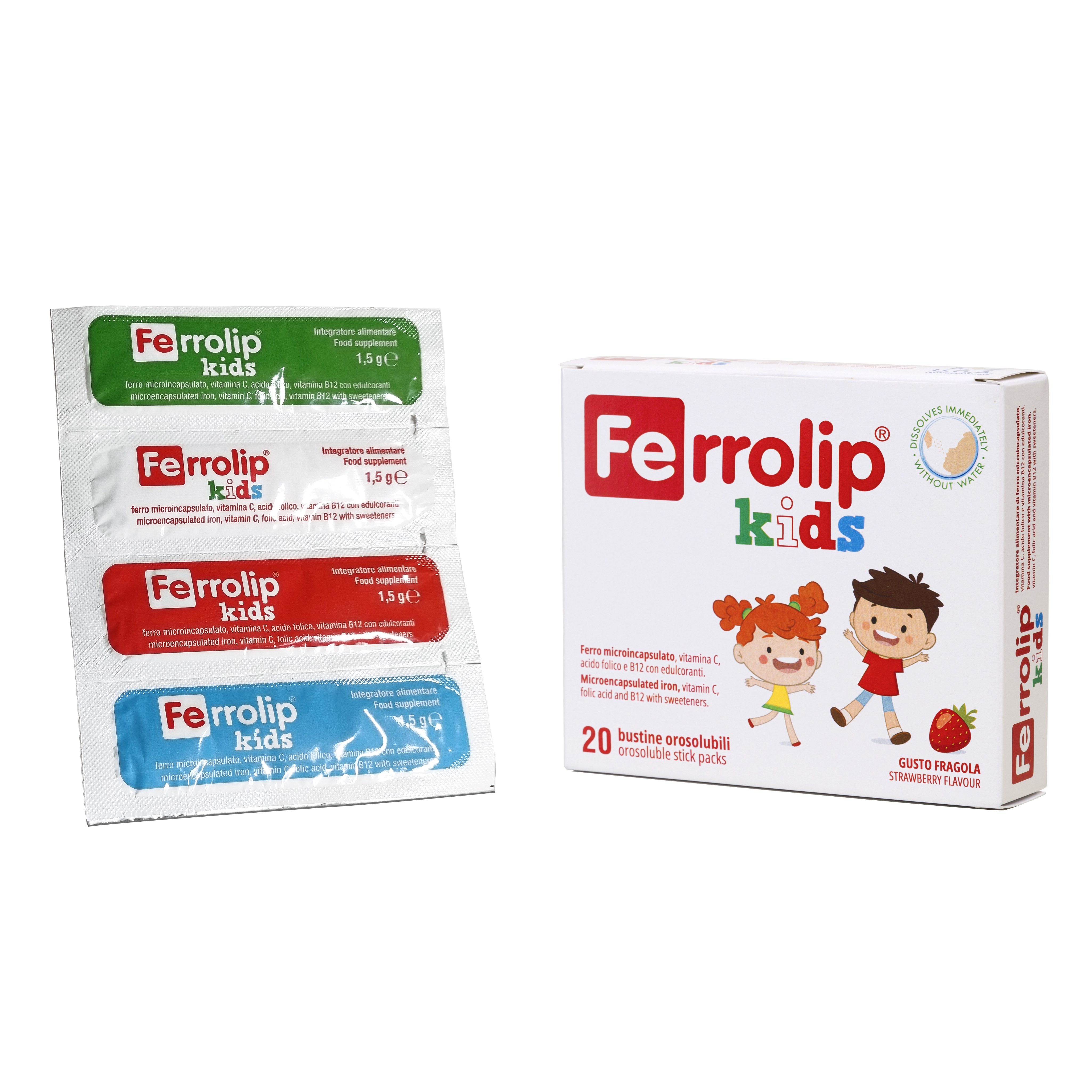 Packaging of Ferrolip Kids, including individual sachets and a box with illustrations of children.