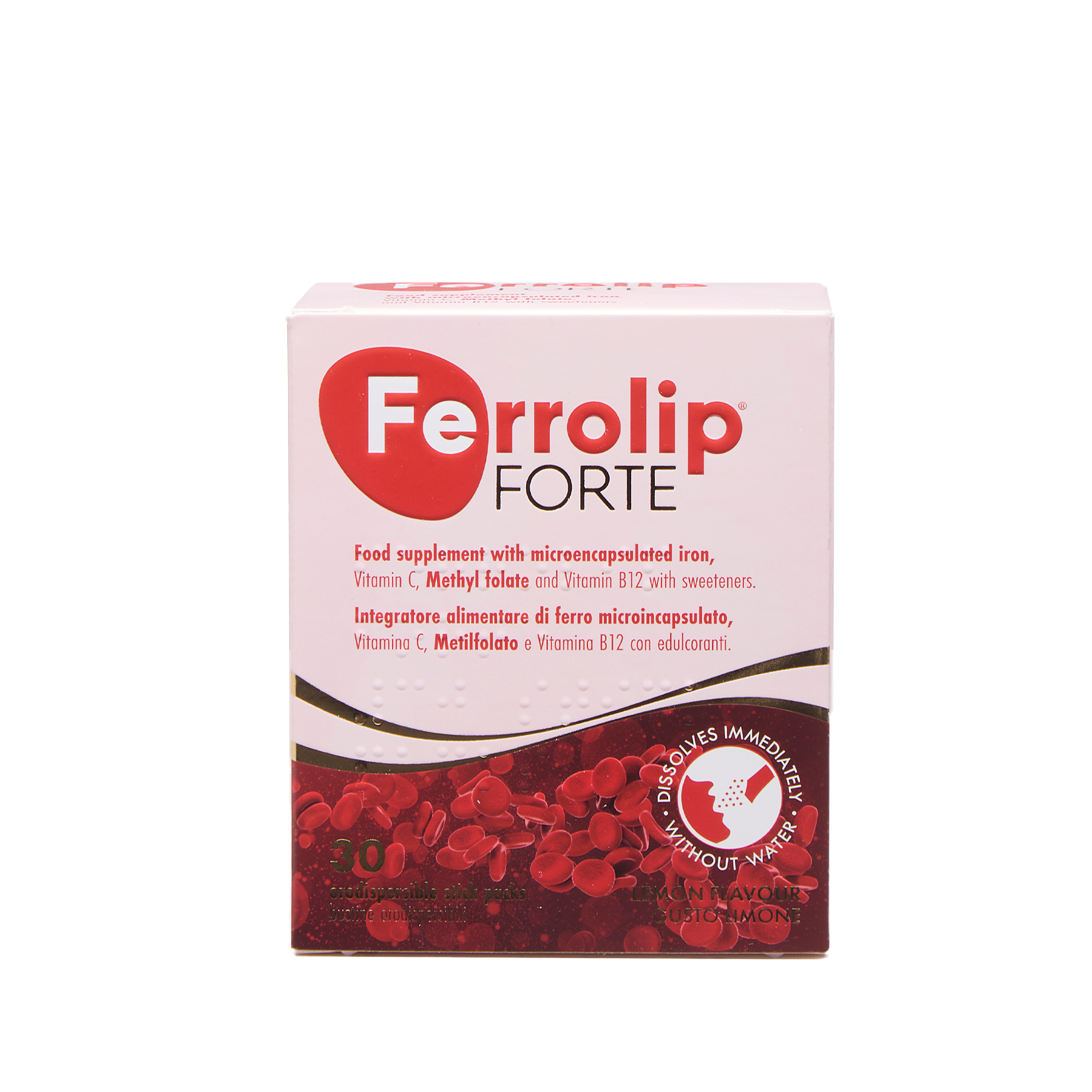 Box of Ferrolip Forte, a food supplement with iron and vitamins.