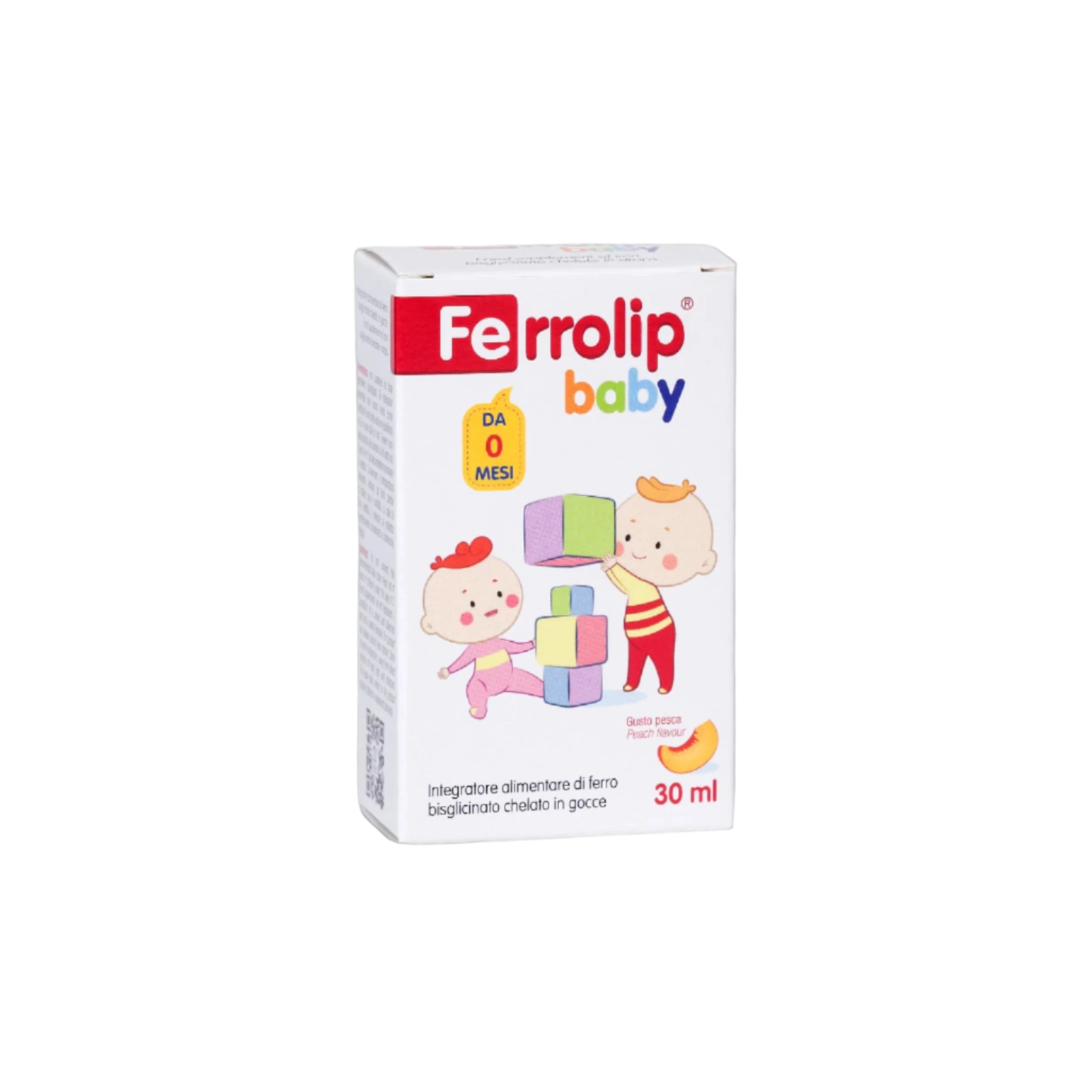 Packaging of Ferrolip baby, a dietary supplement for infants, featuring playful cartoon characters.
