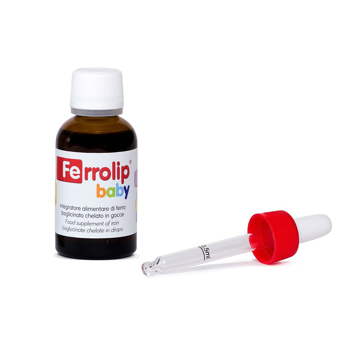 Bottle of FerroLip Baby supplement with a dropper