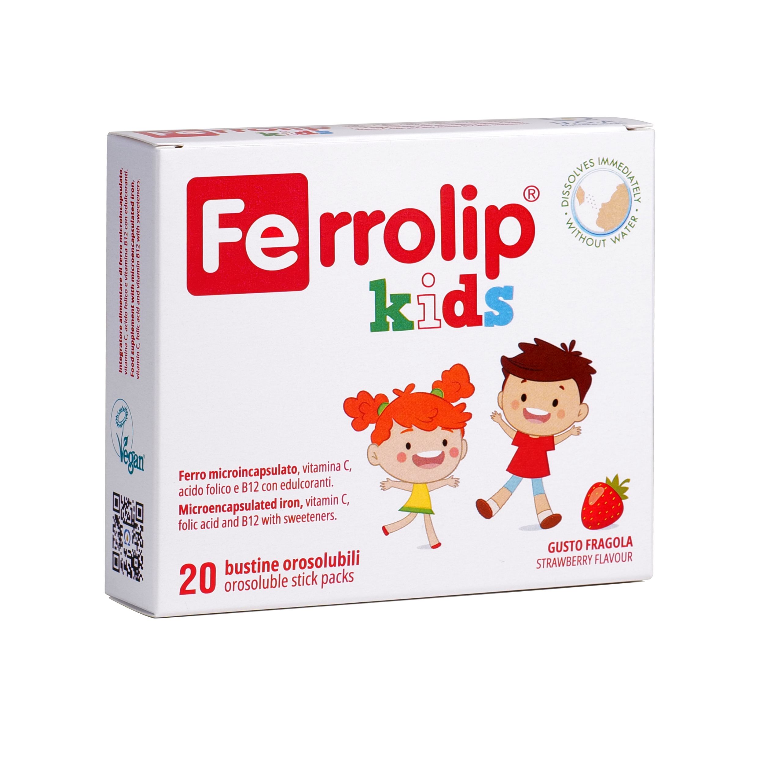 Box of FerroLIP Kids, a dietary supplement with strawberry flavor, featuring playful characters.