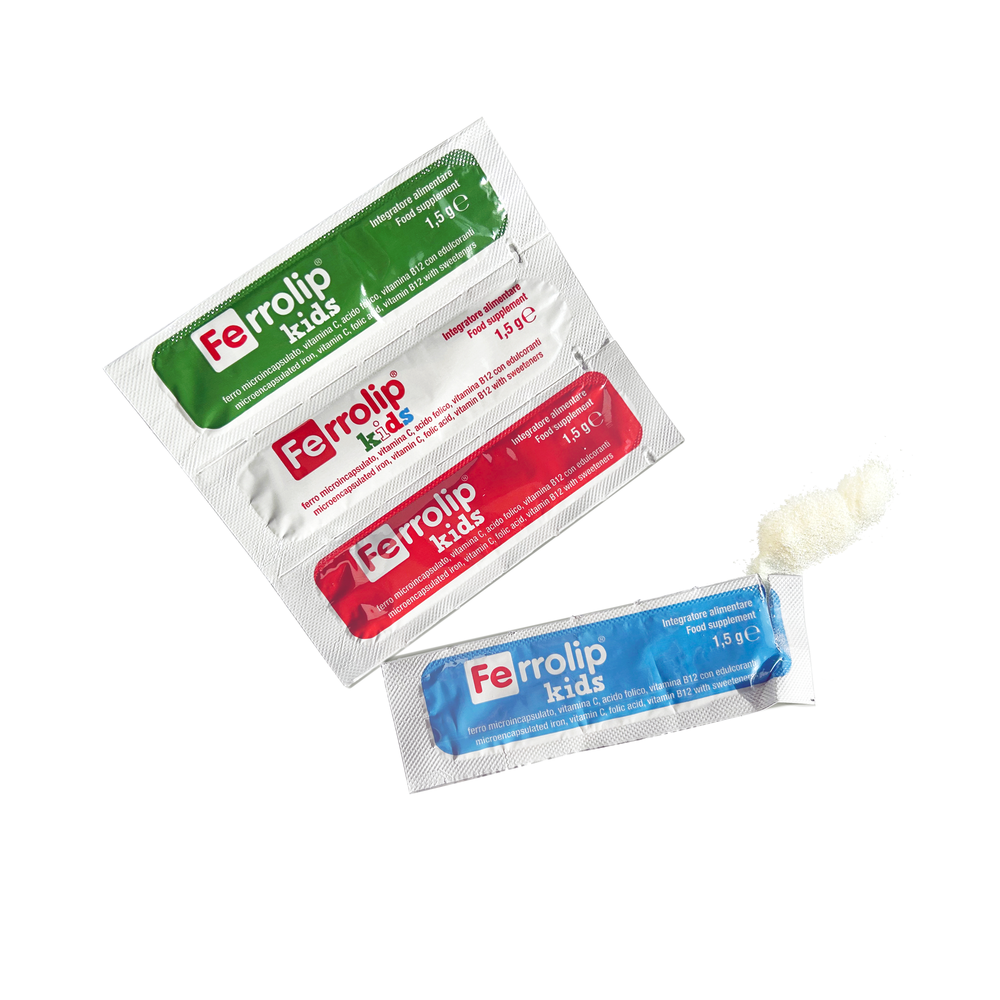 Assorted packets of FerroliP kids supplements in various colors