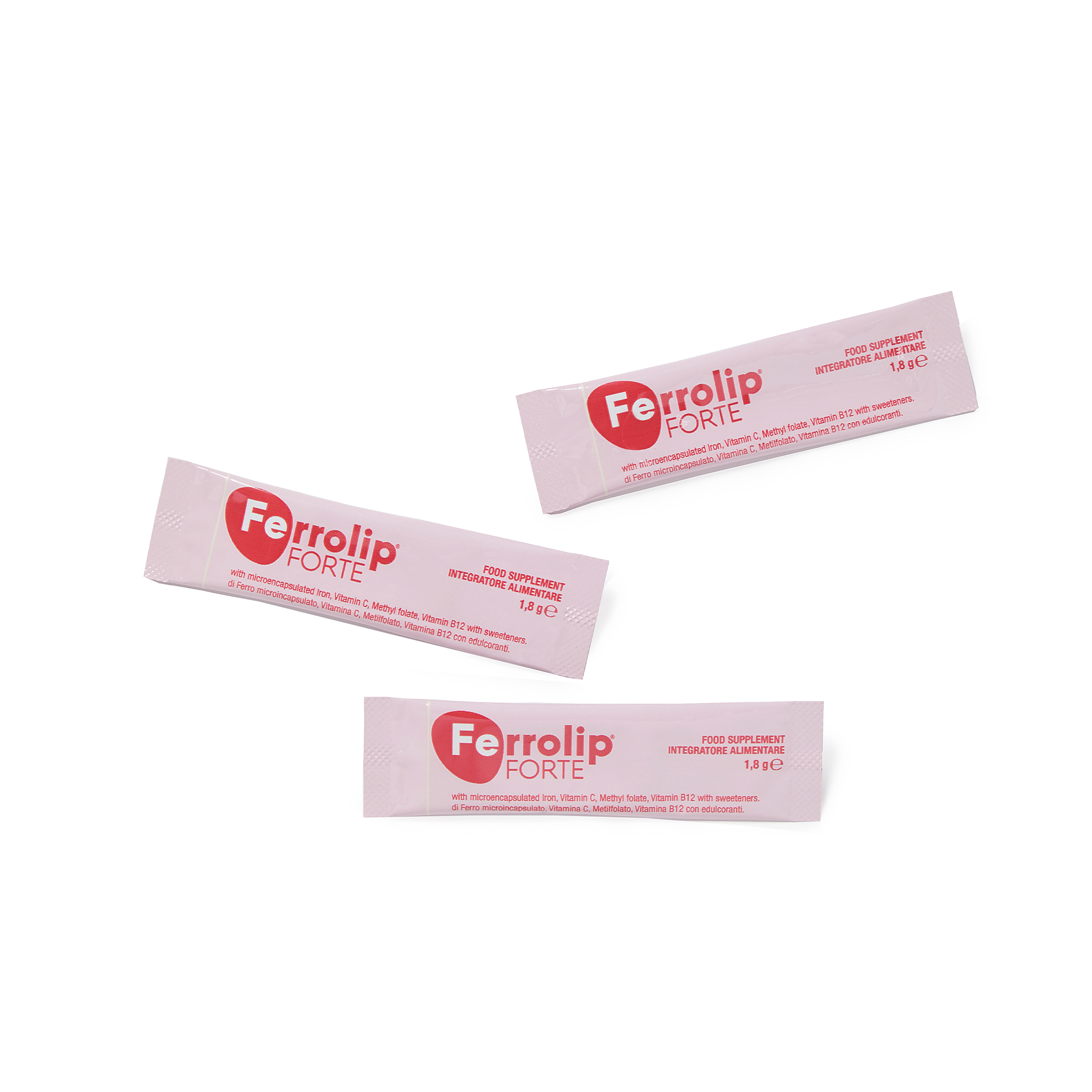 Three packets of Ferrolip Forte, a dietary supplement, arranged on a white background.