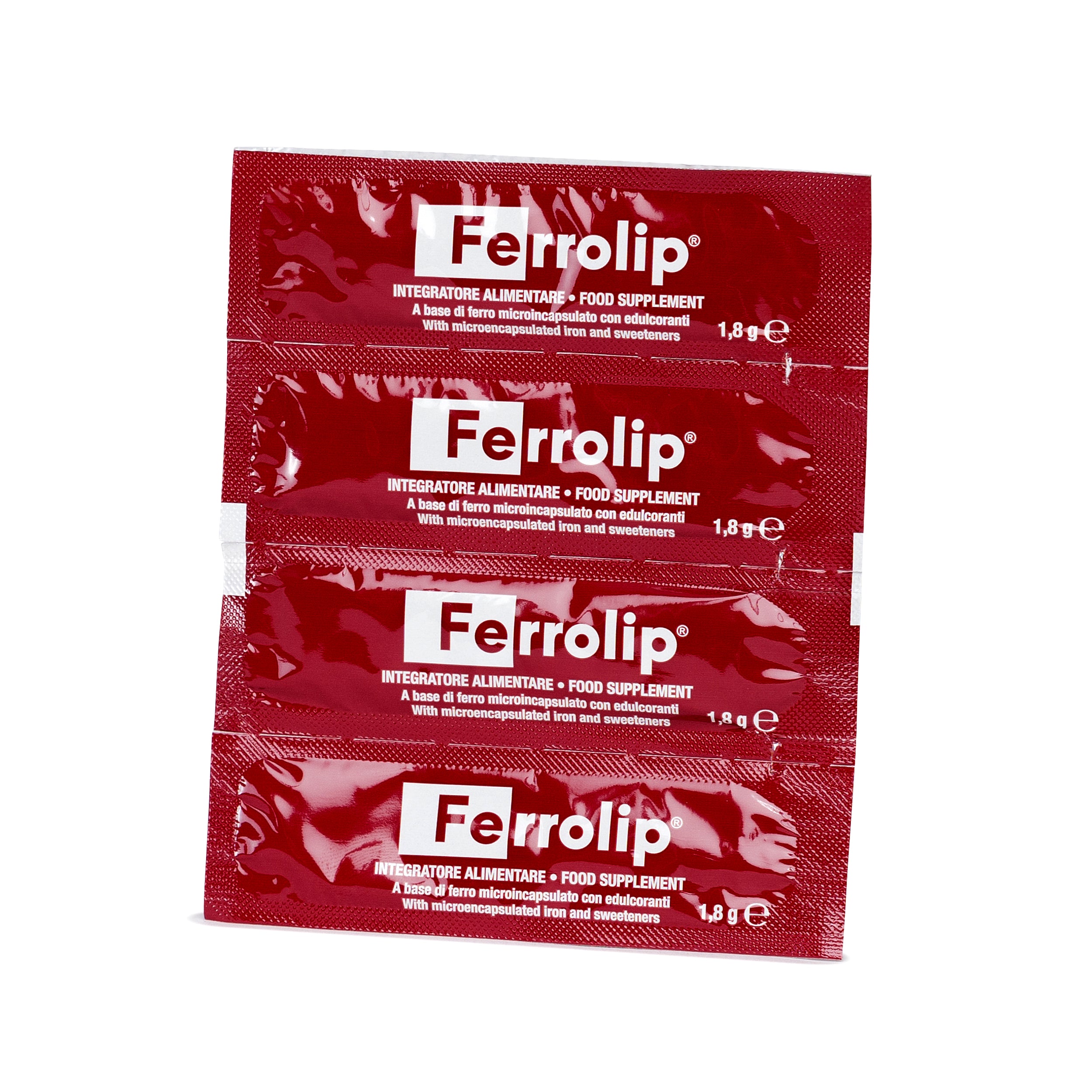 Four packets of Ferrolip food supplement laid out in a row