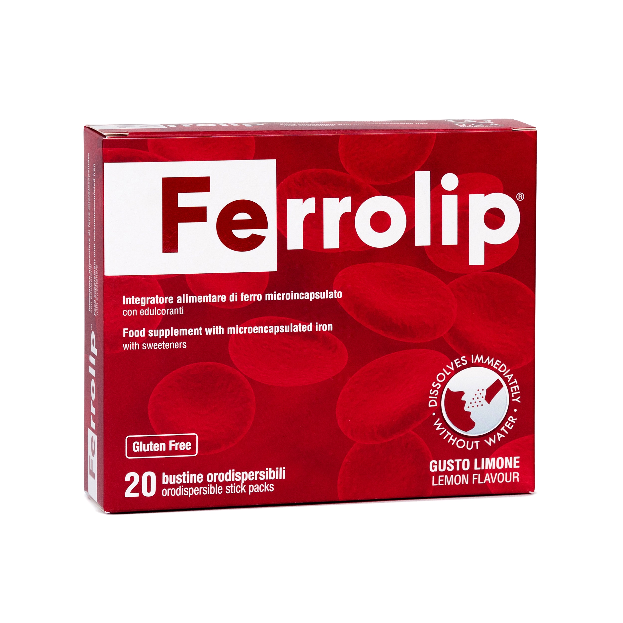 Box of Ferrolip lemon-flavored iron supplement featuring 20 stick packs.